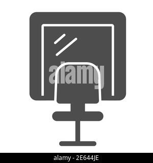 Dressing room mirror with seat solid icon, Music festival concept, artist mirror and chair sign on white background, make up desk icon in glyph style Stock Vector