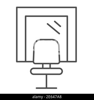 Dressing room mirror with seat thin line icon, Music festival concept, artist mirror and chair sign on white background, make up desk icon in outline Stock Vector