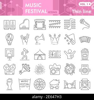 Music festival thin line icon set, musical instruments symbols collection or sketches. Party linear style signs for web and app. Vector graphics Stock Vector