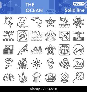 Ocean line icon set, nautical symbols collection or sketches. Marine life signs for web, linear style pictogram package isolated on white background Stock Vector