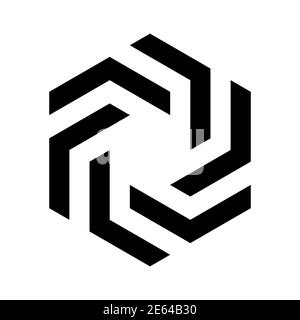 Abstract hexagonal vane design element of six arrow parts. Simple black vector logotype icon. Stock Vector