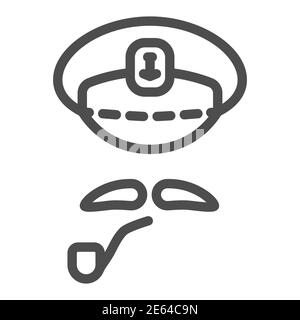 Captains cap, mustache and pipe line icon, nautical concept, abstract sea captain character sign on white background, Navy sailor hat with mustache Stock Vector