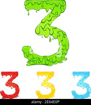 Number 3 with flow drops and goo splash. Color illustration of the symbol three in four colors green, red, yellow, blue. Dripping liquid. Vector font in hand drawn style isolated on white background. Stock Vector