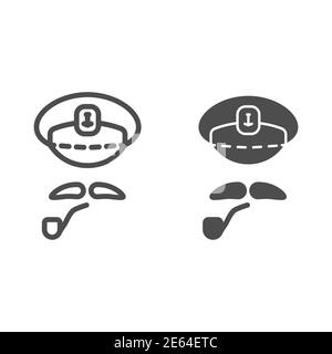Captains cap, mustache and pipe line and solid icon, nautical concept, abstract sea captain character sign on white background, Navy sailor hat with Stock Vector