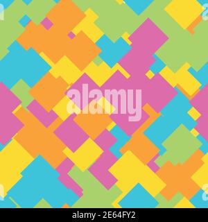 Seamless abstract geometric pattern of overlapping squares in random order. Funny, happy and children theme. Simple flat vector illustration. Stock Vector