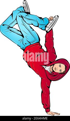 Vector illustration of young boy dancing street style breaking isolated on white background. B-boying style man balancing on hand. Dance icon. Street dance art for dance studio, shop. Stock Vector