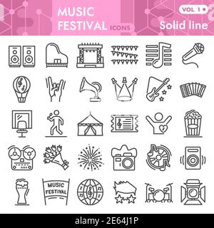 Music festival line icon set, musical instruments symbols collection or sketches. Party linear style signs for web and app. Vector graphics isolated Stock Vector