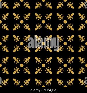 Fleur de lis in diagonal arrangement with dot in the middle. Abstract retro geometrical seamless pattern. Gold vector illustration on black background. Stock Vector