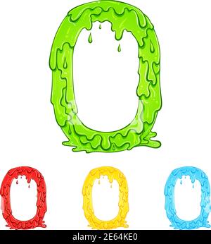 Number 0 with flow drops and goo splash. Color illustration of the symbol zero in four colors green, red, yellow, blue. Dripping liquid. Vector font in hand drawn style isolated on white background. Stock Vector