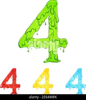 Number 4 with flow drops and goo splash. Color illustration of the symbol four in four colors green, red, yellow, blue. Dripping liquid. Vector font in hand drawn style isolated on white background. Stock Vector