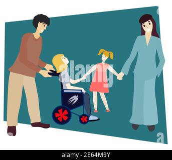 Happy family walk together. Parents and their daughters. limited abilities girl. diverse families concept. Vector illustration. Isolated on a white ba Stock Vector