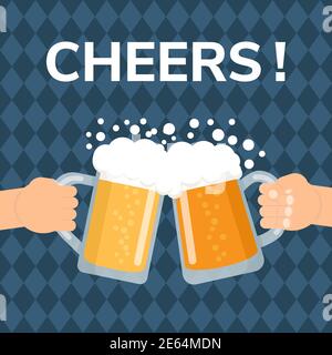 Two hands holding and clinking with beer glasses. Stock Vector