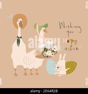 Cute cartoon gooses with Easter eggs and flowers Stock Vector