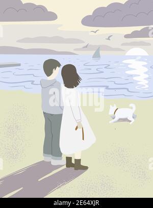 Young man and woman are watching the sunset by the sea on the beach, walking with their dog. Stock Vector