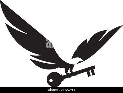 Flying black falcon is bringing key vector design template Stock Vector