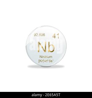 3D-Illustration, Niobium symbol - Nb. Element of the periodic table on white ball with golden signs. White background Stock Photo