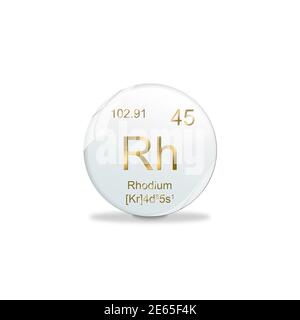 3D-Illustration, Rhodium symbol - Rh. Element of the periodic table on white ball with golden signs. White background Stock Photo