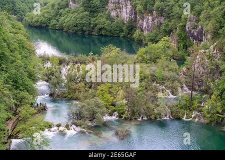 high angle view of several waterfalls and lakes at plitvice lakes national park in croatia Stock Photo