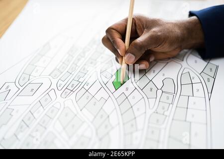 Land Map And Urban Building Project Plan Or Plot Stock Photo