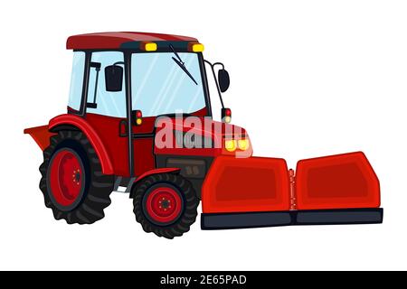 Tractor with snowplow isolated on white background. Red snowplow truck. Winter snow removal machine. Winter service vehicle. Utility vehicle. Vector Stock Vector