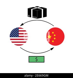 USA China trading concept. United States and China flags exchange goods made in China for money. Vector illustration Stock Vector