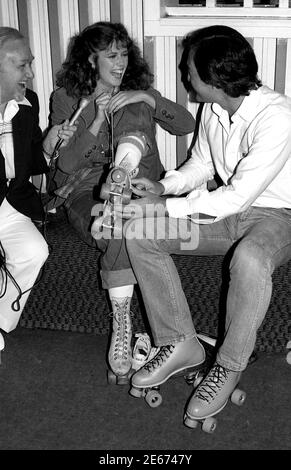 Pam Dawber and actor Bill Paxton at Flippers Roller Boogie Palace in West Hollywood circa 1970s Stock Photo