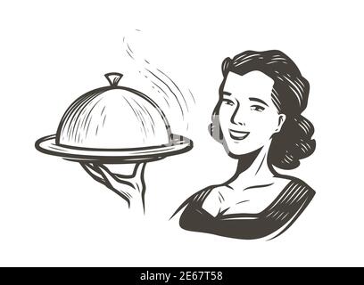 Waitress with a tray. Restaurant, food concept sketch vintage vector illustration Stock Vector