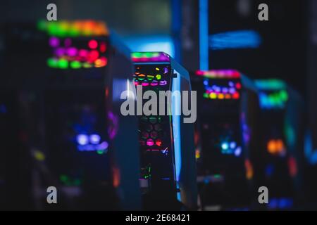 View of Gaming PC with rgb led lights, powerful high end personal computer, assembled with hardware components, at home or at the cybersport arena Stock Photo