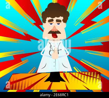 Funny cartoon doctor with praying hands. Health care worker talking to god. Vector illustration. Stock Vector