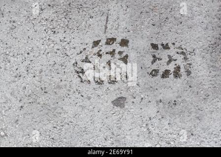 Wet shoe print on concrete cement white smooth surface with small pebbles aged urban texture Stock Photo