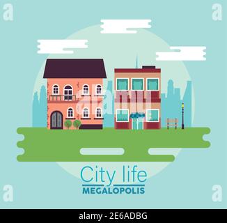 city life megalopolis lettering in cityscape scene buildings vector illustration design Stock Vector