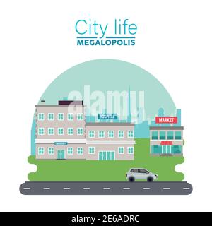 city life megalopolis lettering in cityscape scene with hospital and market vector illustration design Stock Vector