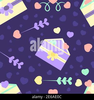 A seamless pattern with envelopes, arrows and sdles. Vector illustration for Valentine s Day. Romantic pattern for decorative packaging, fabric Stock Vector