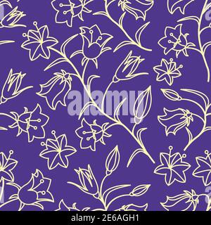 A seamless pattern with the colors of bells. Light yellow contour on a purple background. Vector illustration Stock Vector
