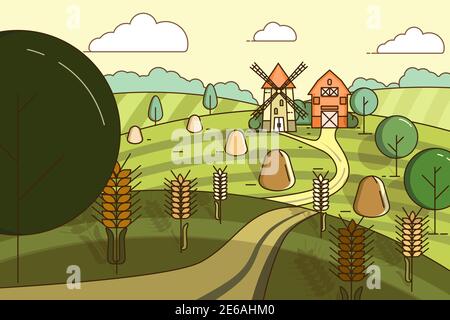 Landscape with a mill and a barn in the middle of fields with wheat. Vector illustration Stock Vector