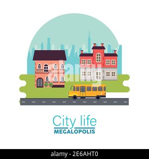 city life megalopolis lettering in cityscape scene with buildings and school bus vector illustration design Stock Vector