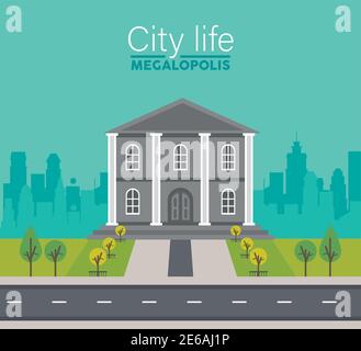 city life megalopolis lettering in cityscape scene with governmental building vector illustration design Stock Vector