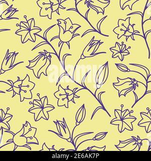 A seamless pattern with the colors of bells. Dark mauve contour on a yellow background. Vector illustration Stock Vector