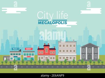 city life megalopolis lettering in cityscape scene with police station and market vector illustration design Stock Vector