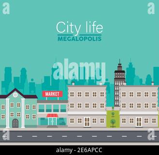 city life megalopolis lettering in cityscape scene with market and buildings vector illustration design Stock Vector