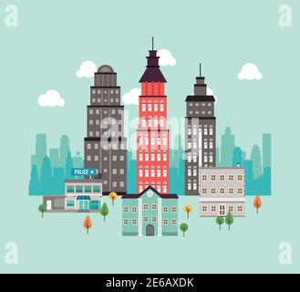 city life megalopolis cityscape scene with skyscrapers and police station vector illustration design Stock Vector