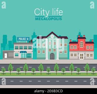 city life megalopolis lettering in cityscape scene with police station and buildings vector illustration design Stock Vector