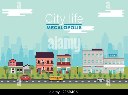 city life megalopolis lettering in cityscape scene with hospital and buildings vector illustration design Stock Vector