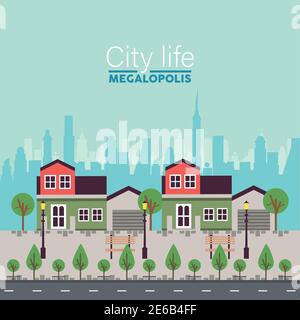 city life megalopolis lettering in cityscape scene buildings and park vector illustration design Stock Vector