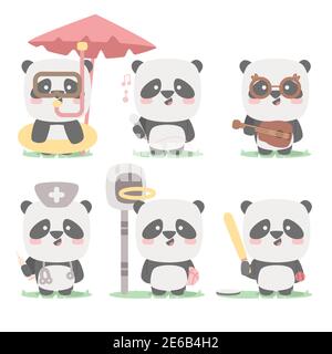 panda character set collection mascot cute animal snorkeling singer guitar doctor basketball base ball with flat cartoon style Stock Vector