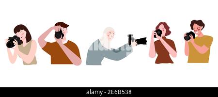 photographer set collection in action hold camera take picture with flat cartoon style Stock Vector