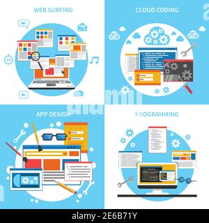 Web development concept icons set with web surfing cloud coding and programming symbols flat isolated vector illustration Stock Vector