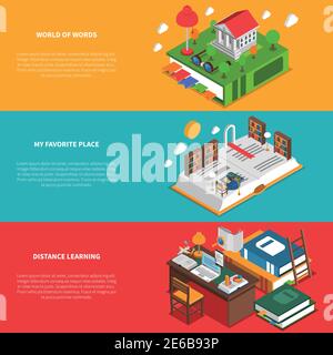 Books horizontal isometric banners set with distance learning symbols ...