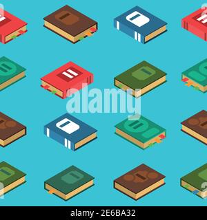 Printed book seamless pattern on blue background isometric vector illustration Stock Vector