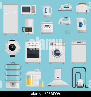 Household appliances icons set with microwave fridge and vacuum cleaner on blue background flat isolated vector illustration Stock Vector